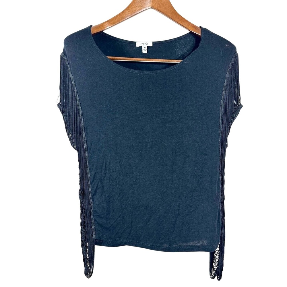 Cache‎ Womens Black Fringe Side Scoop Neck Top Size M Y2K Boho USA Sleeveless